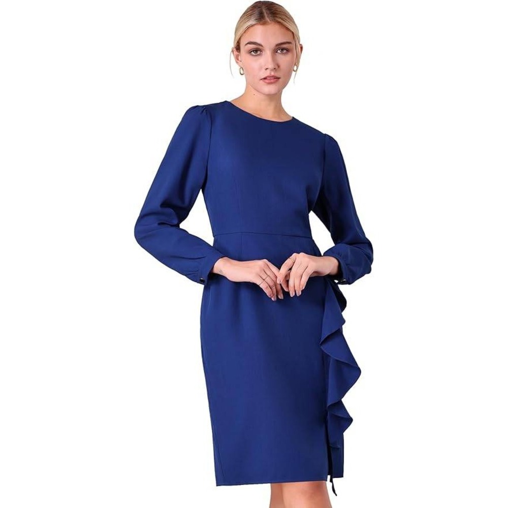 Royal Blue Ruffle Side Slit Sheath Dress Puff Sleeve Knee Length Professional